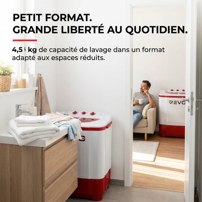 Mini Lave-Linge REVO Nomad 4.5 – Machine à Laver Portable 4,5 kg – Essorage 3,5 kg – 2 Compartiments – 1320 tr/min