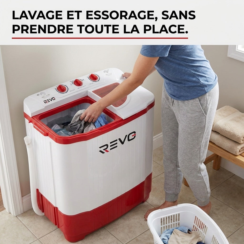 Mini Lave-Linge REVO Nomad 4.5 – Machine à Laver Portable 4,5 kg – Essorage 3,5 kg – 2 Compartiments – 1320 tr/min
