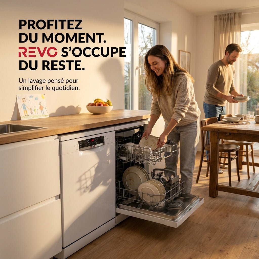 Lave-Vaisselle REVO Clario – 60 cm – 6 Programmes – Séchage Extra – 48 dB – Panier Réglable 3 Niveaux