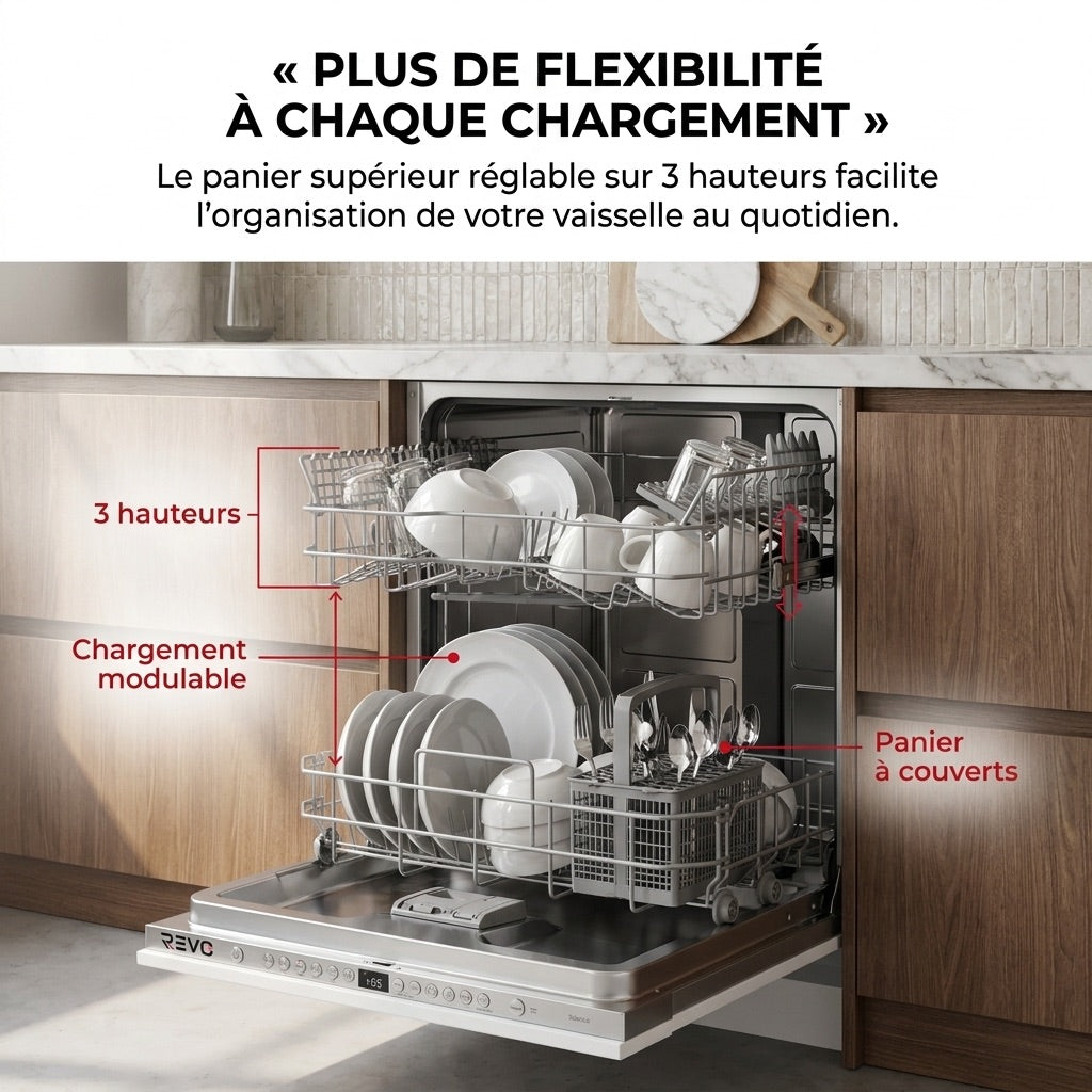 Lave-Vaisselle Tout Intégrable REVO Integra 60 – 60 cm – 6 Programmes – 3 Options – 48 dB – Panier Réglable 3 Hauteurs
