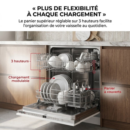 Lave-Vaisselle Tout Intégrable REVO Integra 60 – 60 cm – 6 Programmes – 3 Options – 48 dB – Panier Réglable 3 Hauteurs