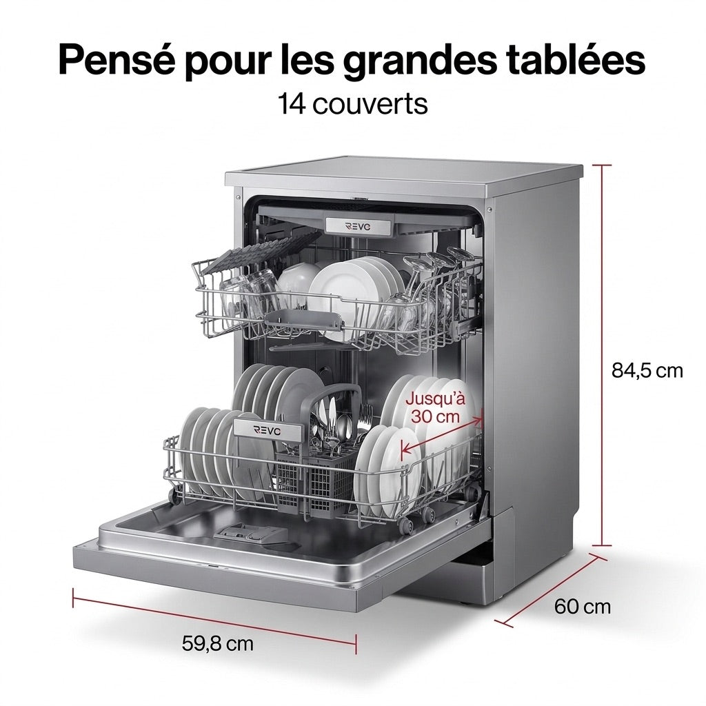 Lave-Vaisselle Pose Libre REVO Altis 14 – 14 Couverts – 44 dB – 8 Programmes – Ouverture Automatique – Inox
