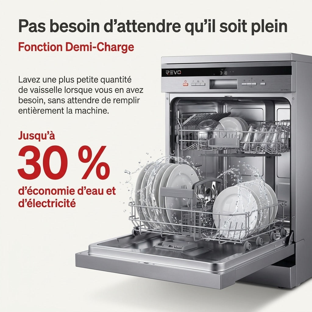 Lave-Vaisselle Pose Libre REVO Altis 14 – 14 Couverts – 44 dB – 8 Programmes – Ouverture Automatique – Inox