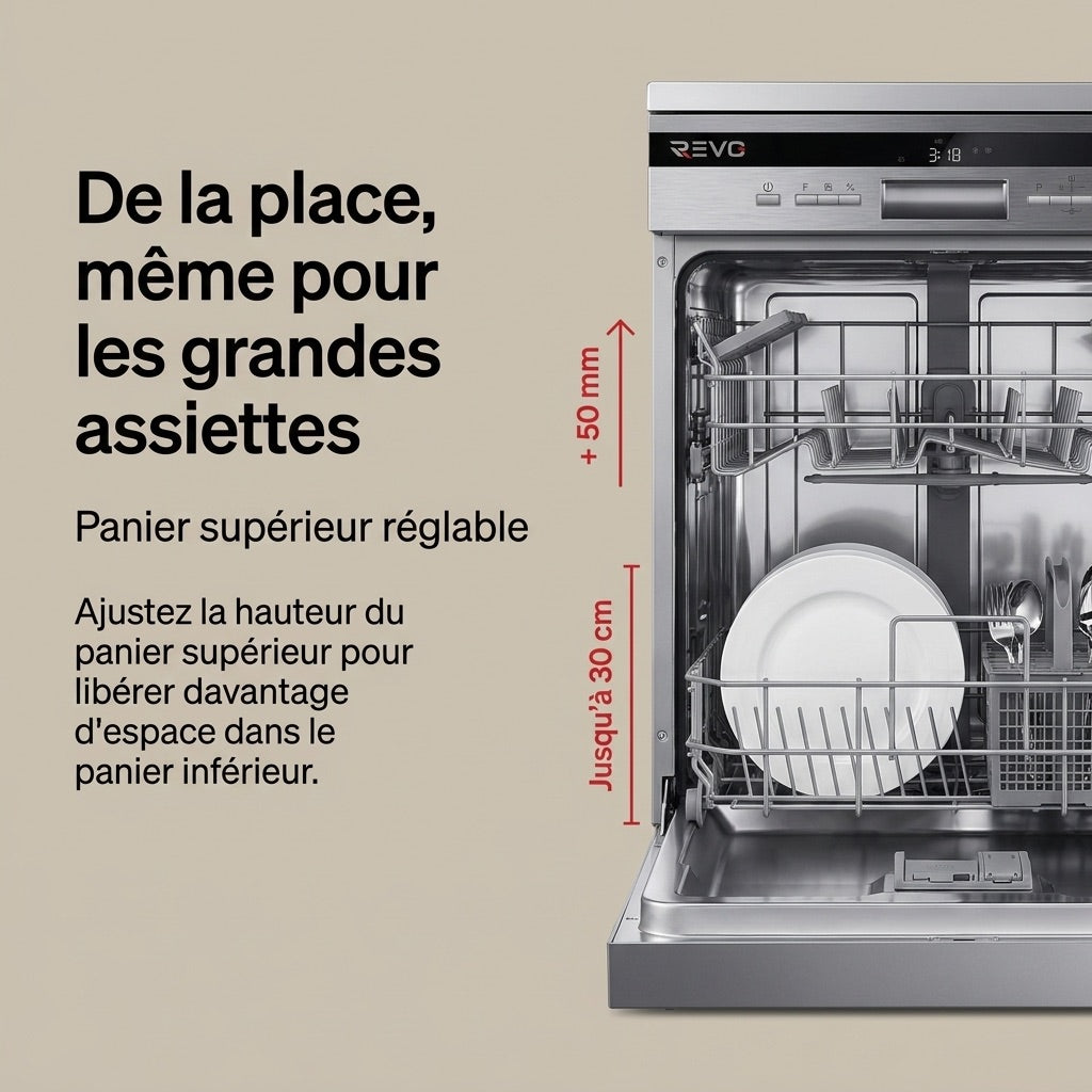 Lave-Vaisselle Pose Libre REVO Altis 14 – 14 Couverts – 44 dB – 8 Programmes – Ouverture Automatique – Inox