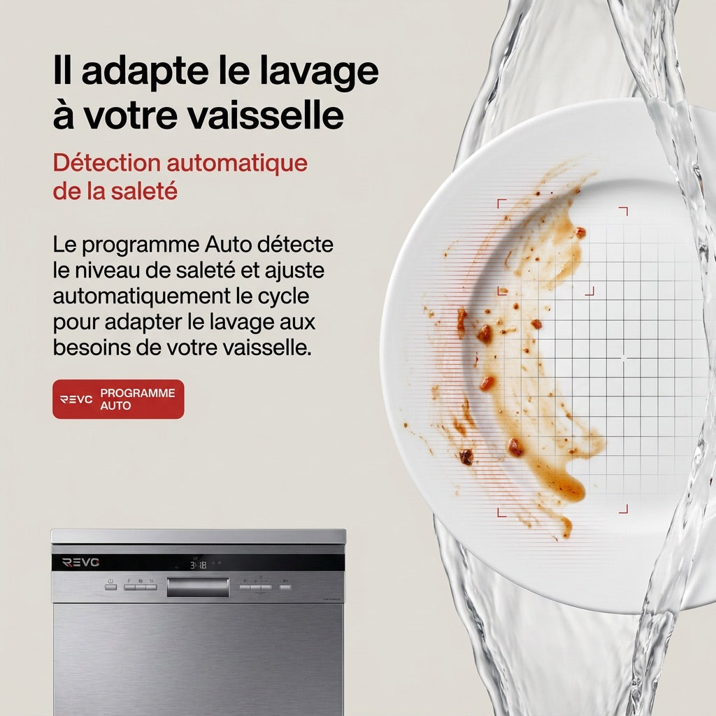 Lave-Vaisselle Pose Libre REVO Altis 14 – 14 Couverts – 44 dB – 8 Programmes – Ouverture Automatique – Inox