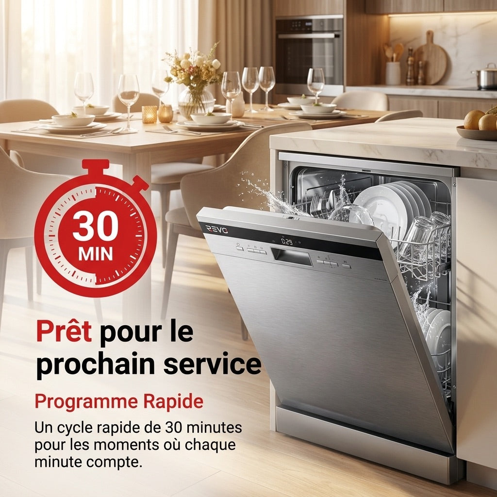 Lave-Vaisselle Pose Libre REVO Altis 14 – 14 Couverts – 44 dB – 8 Programmes – Ouverture Automatique – Inox