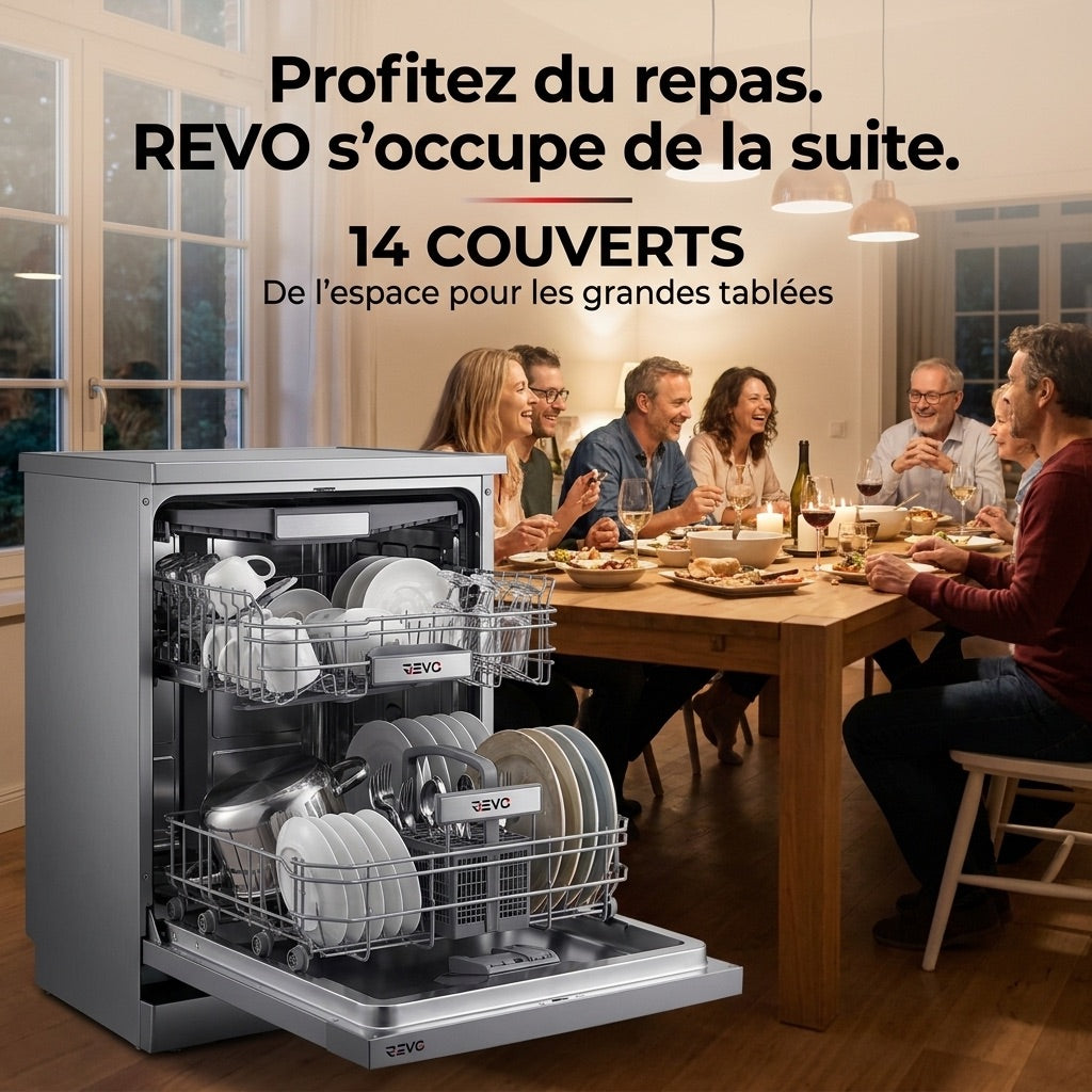 Lave-Vaisselle Pose Libre REVO Altis 14 – 14 Couverts – 44 dB – 8 Programmes – Ouverture Automatique – Inox