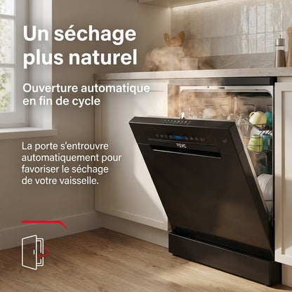 Lave-Vaisselle Pose Libre REVO Novera 15 – 15 Couverts – Classe C – 46 dB – 8 Programmes – Ouverture Automatique – Connecté – Noir