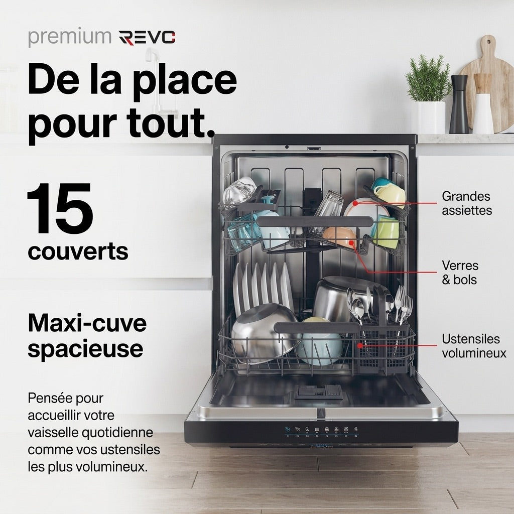 Lave-Vaisselle Pose Libre REVO Novera 15 – 15 Couverts – Classe C – 46 dB – 8 Programmes – Ouverture Automatique – Connecté – Noir