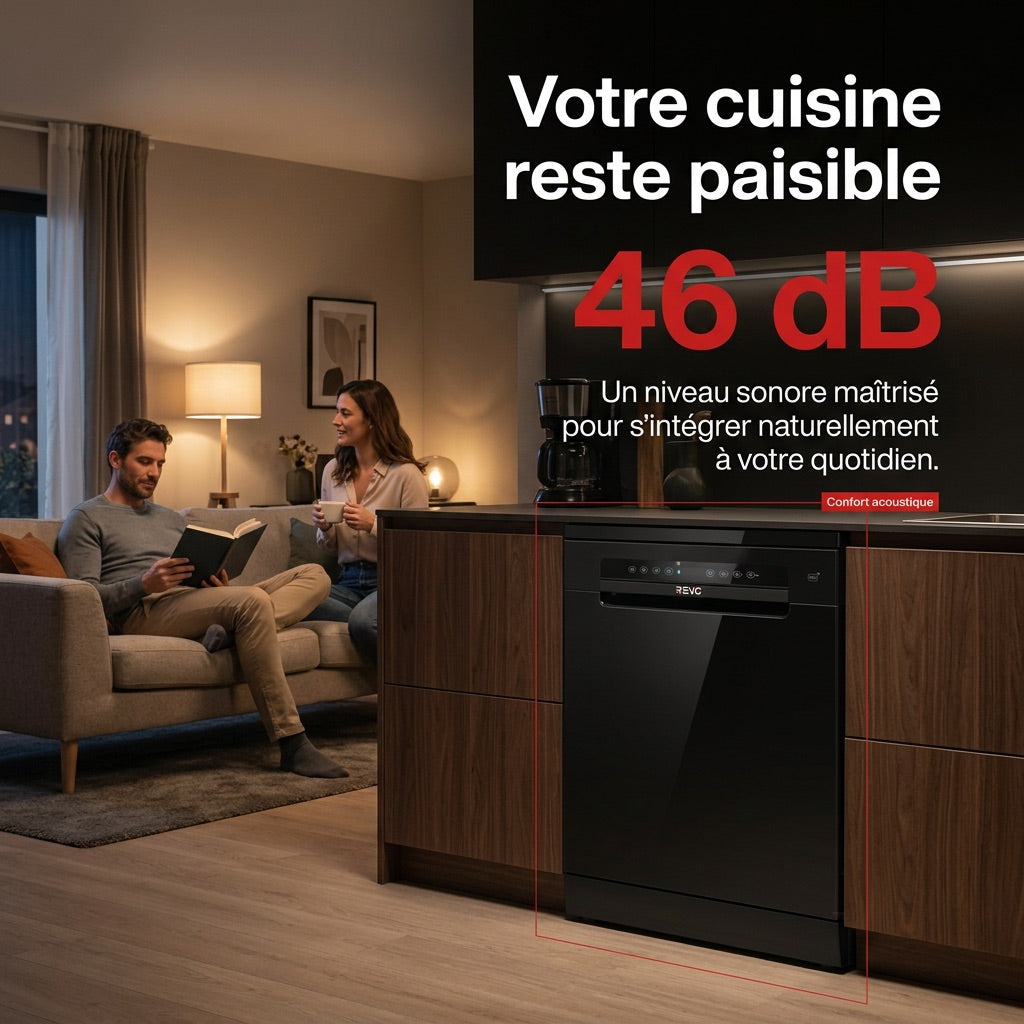 Lave-Vaisselle Pose Libre REVO Novera 15 – 15 Couverts – Classe C – 46 dB – 8 Programmes – Ouverture Automatique – Connecté – Noir