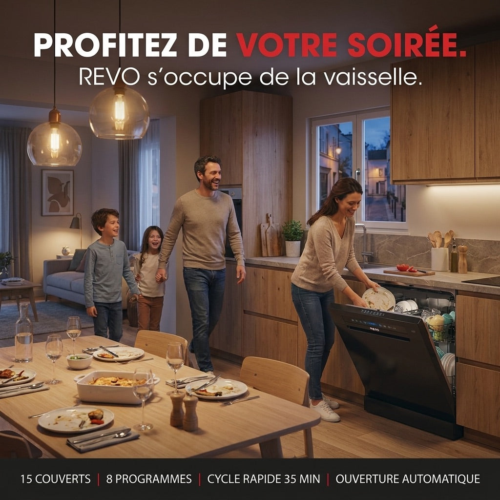 Lave-Vaisselle Pose Libre REVO Novera 15 – 15 Couverts – Classe C – 46 dB – 8 Programmes – Ouverture Automatique – Connecté – Noir