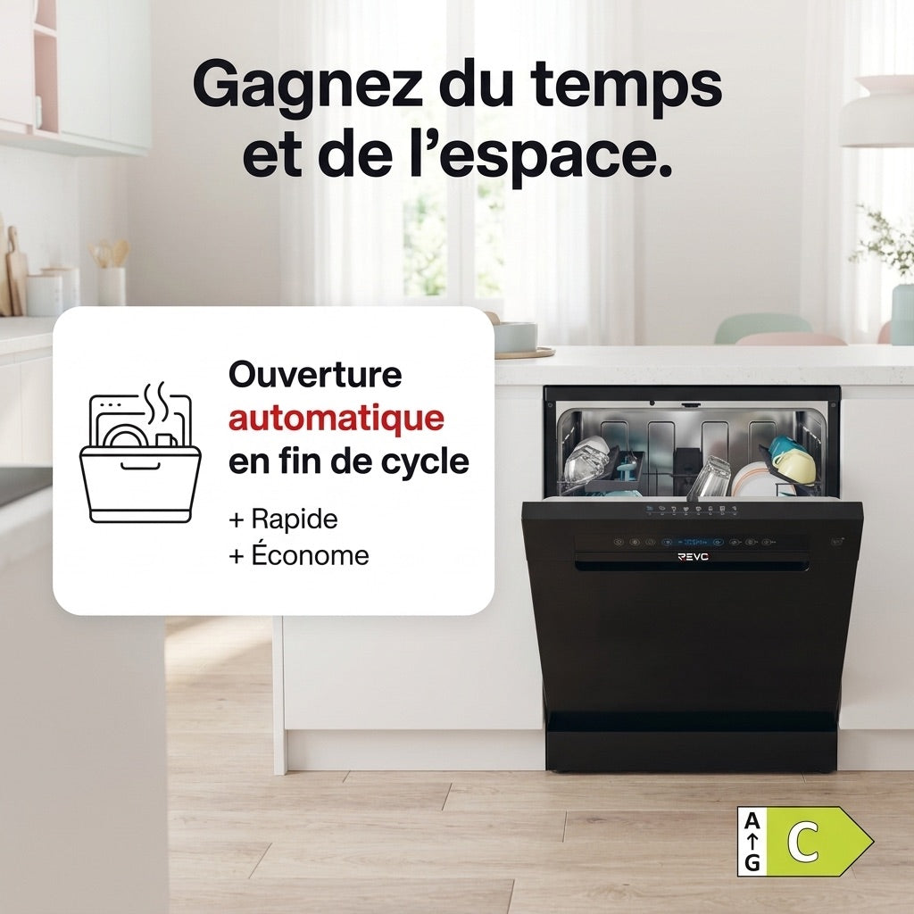 Lave-Vaisselle Pose Libre REVO Novera 15 – 15 Couverts – Classe C – 46 dB – 8 Programmes – Ouverture Automatique – Connecté – Noir