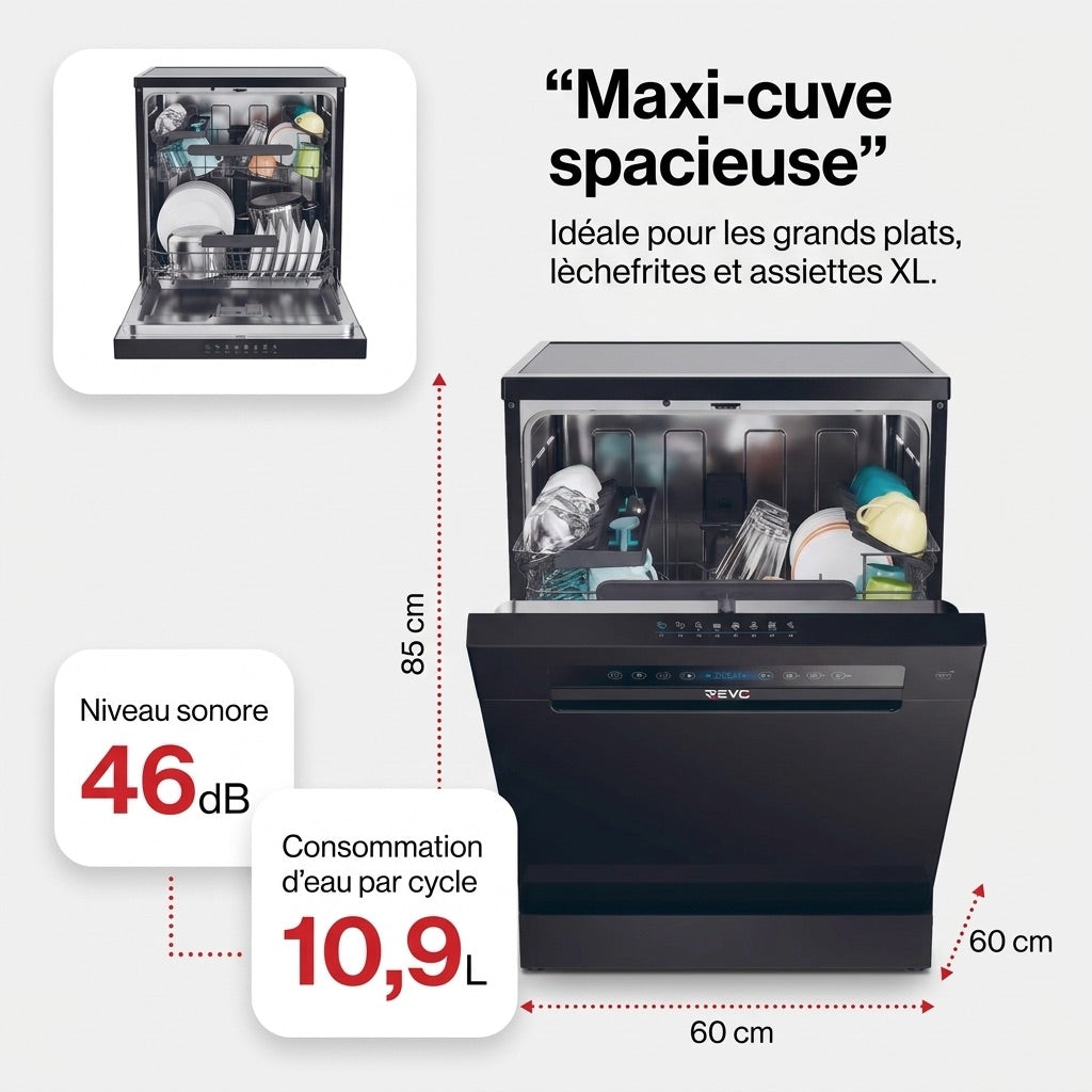 Lave-Vaisselle Pose Libre REVO Novera 15 – 15 Couverts – Classe C – 46 dB – 8 Programmes – Ouverture Automatique – Connecté – Noir