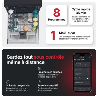 Lave-Vaisselle Pose Libre REVO Novera 15 – 15 Couverts – Classe C – 46 dB – 8 Programmes – Ouverture Automatique – Connecté – Noir