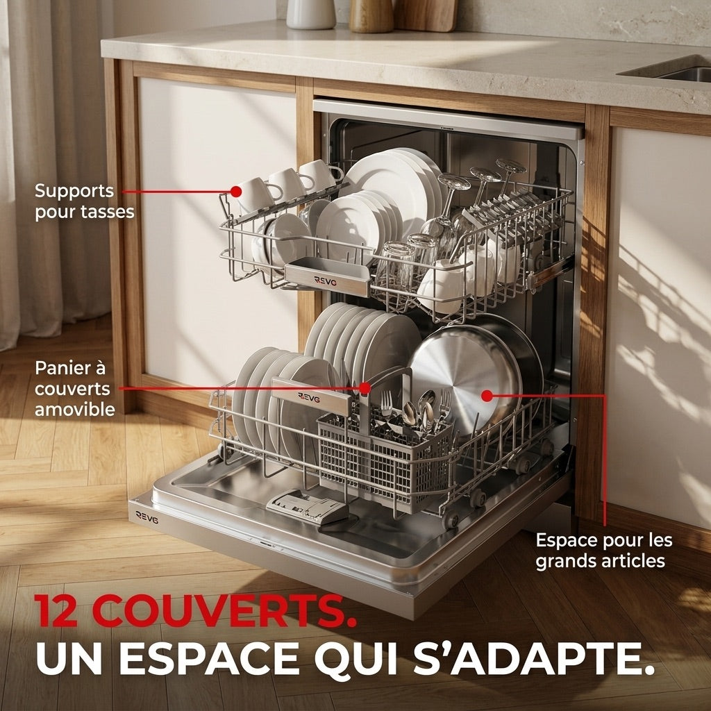 Lave-Vaisselle Pose Libre REVO Soreva 12 – 12 Couverts – 47 dB – 6 Programmes – Lavage Hygiénique 72°C – Inox