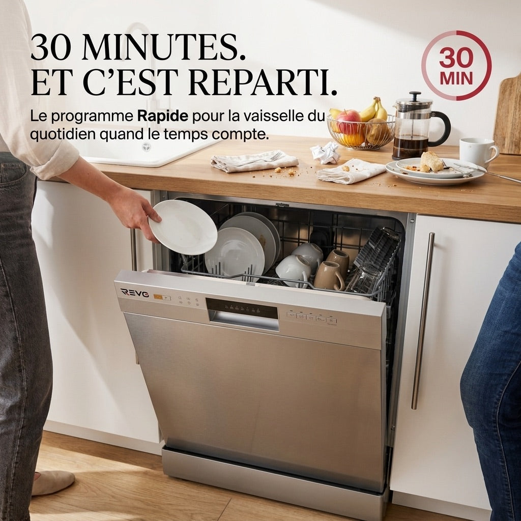 Lave-Vaisselle Pose Libre REVO Soreva 12 – 12 Couverts – 47 dB – 6 Programmes – Lavage Hygiénique 72°C – Inox