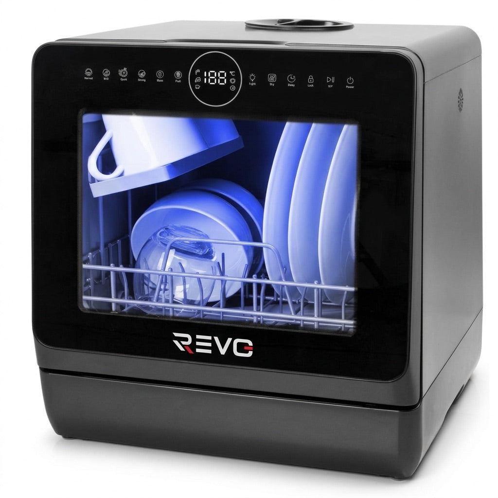 Mini Lave-Vaisselle REVO Miniova – Lave-Vaisselle de Comptoir Compact – Réservoir 5 L – Cycle Rapide 29 min – Séchage – 52,3 dB – Noir