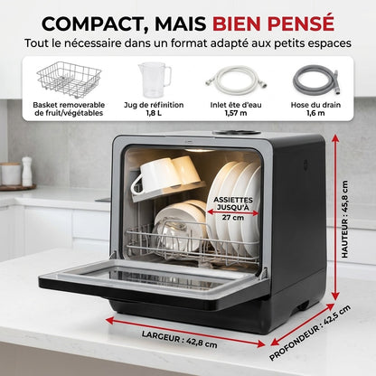 Mini Lave-Vaisselle REVO Miniova – Lave-Vaisselle de Comptoir Compact – Réservoir 5 L – Cycle Rapide 29 min – Séchage – 52,3 dB – Noir
