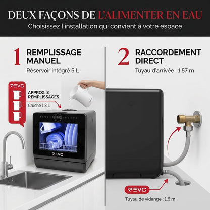 Mini Lave-Vaisselle REVO Miniova – Lave-Vaisselle de Comptoir Compact – Réservoir 5 L – Cycle Rapide 29 min – Séchage – 52,3 dB – Noir