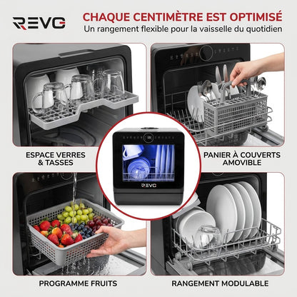 Mini Lave-Vaisselle REVO Miniova – Lave-Vaisselle de Comptoir Compact – Réservoir 5 L – Cycle Rapide 29 min – Séchage – 52,3 dB – Noir