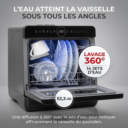 Mini Lave-Vaisselle REVO Miniova – Lave-Vaisselle de Comptoir Compact – Réservoir 5 L – Cycle Rapide 29 min – Séchage – 52,3 dB – Noir