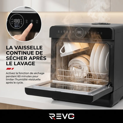 Mini Lave-Vaisselle REVO Miniova – Lave-Vaisselle de Comptoir Compact – Réservoir 5 L – Cycle Rapide 29 min – Séchage – 52,3 dB – Noir