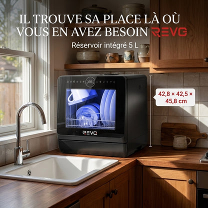 Mini Lave-Vaisselle REVO Miniova – Lave-Vaisselle de Comptoir Compact – Réservoir 5 L – Cycle Rapide 29 min – Séchage – 52,3 dB – Noir