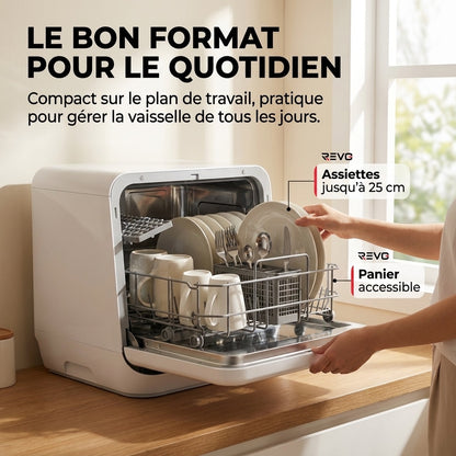 Mini Lave-Vaisselle REVO Vapora 5 – Réservoir 5 L – 6 Programmes – Vapeur 98 °C – Stockage Ventilé 72 h – Blanc