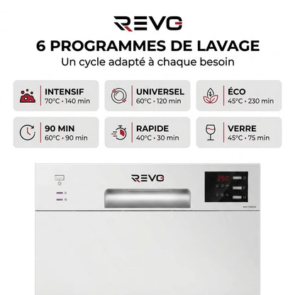 Lave-Vaisselle Compact REVO Compacta 6 – 6 Couverts – 6 Programmes – 47 dB – Cycle Rapide 30 min – Blanc