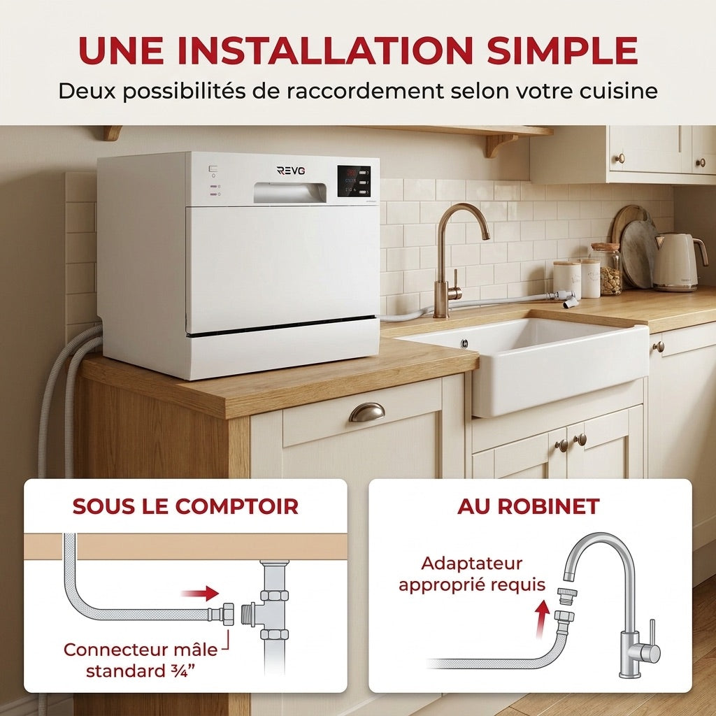 Lave-Vaisselle Compact REVO Compacta 6 – 6 Couverts – 6 Programmes – 47 dB – Cycle Rapide 30 min – Blanc