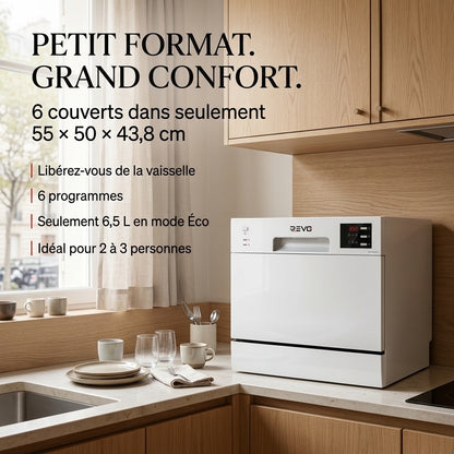 Lave-Vaisselle Compact REVO Compacta 6 – 6 Couverts – 6 Programmes – 47 dB – Cycle Rapide 30 min – Blanc