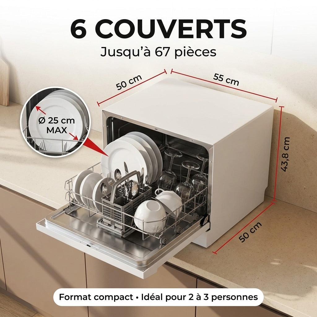 Lave-Vaisselle Compact REVO Compacta 6 – 6 Couverts – 6 Programmes – 47 dB – Cycle Rapide 30 min – Blanc