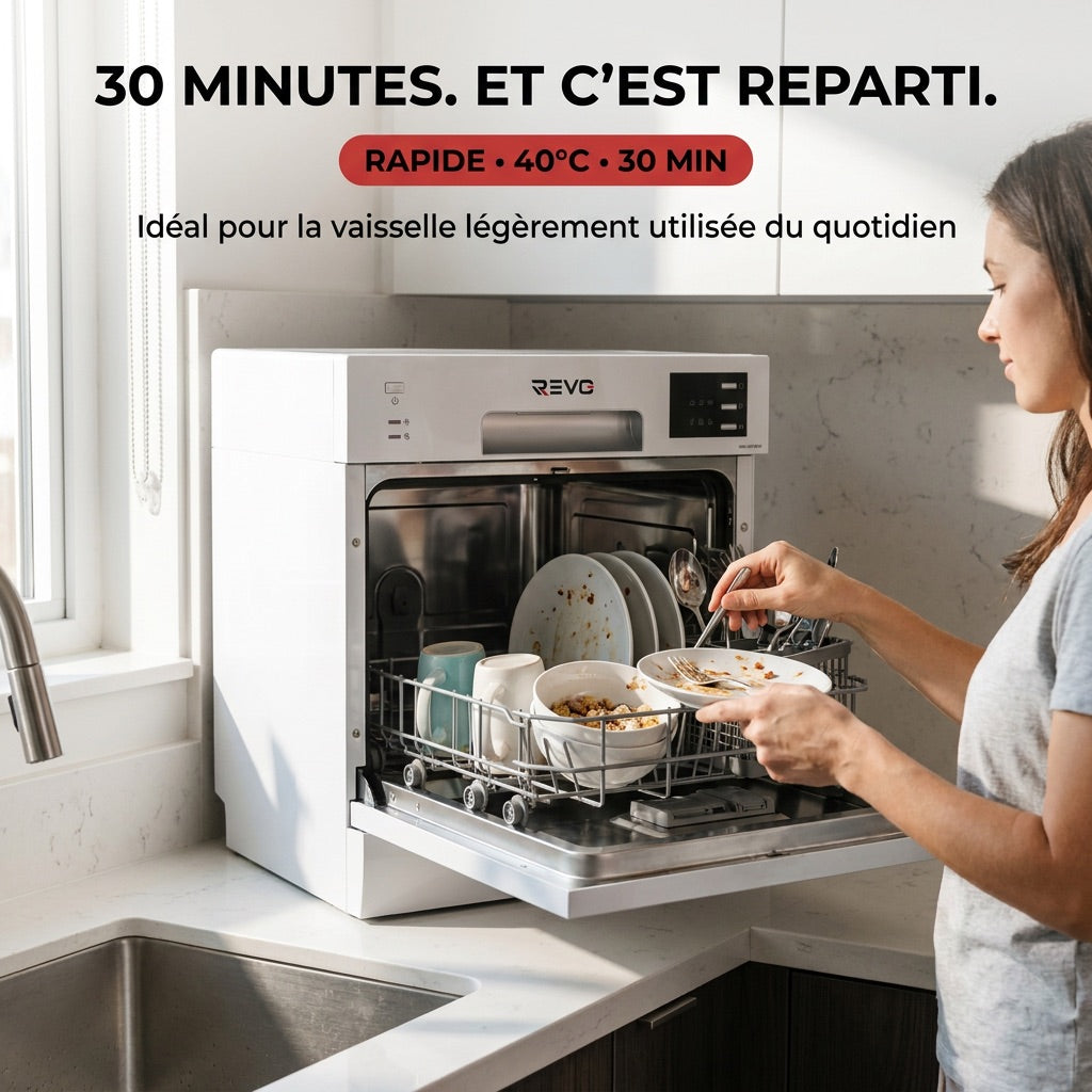 Lave-Vaisselle Compact REVO Compacta 6 – 6 Couverts – 6 Programmes – 47 dB – Cycle Rapide 30 min – Blanc