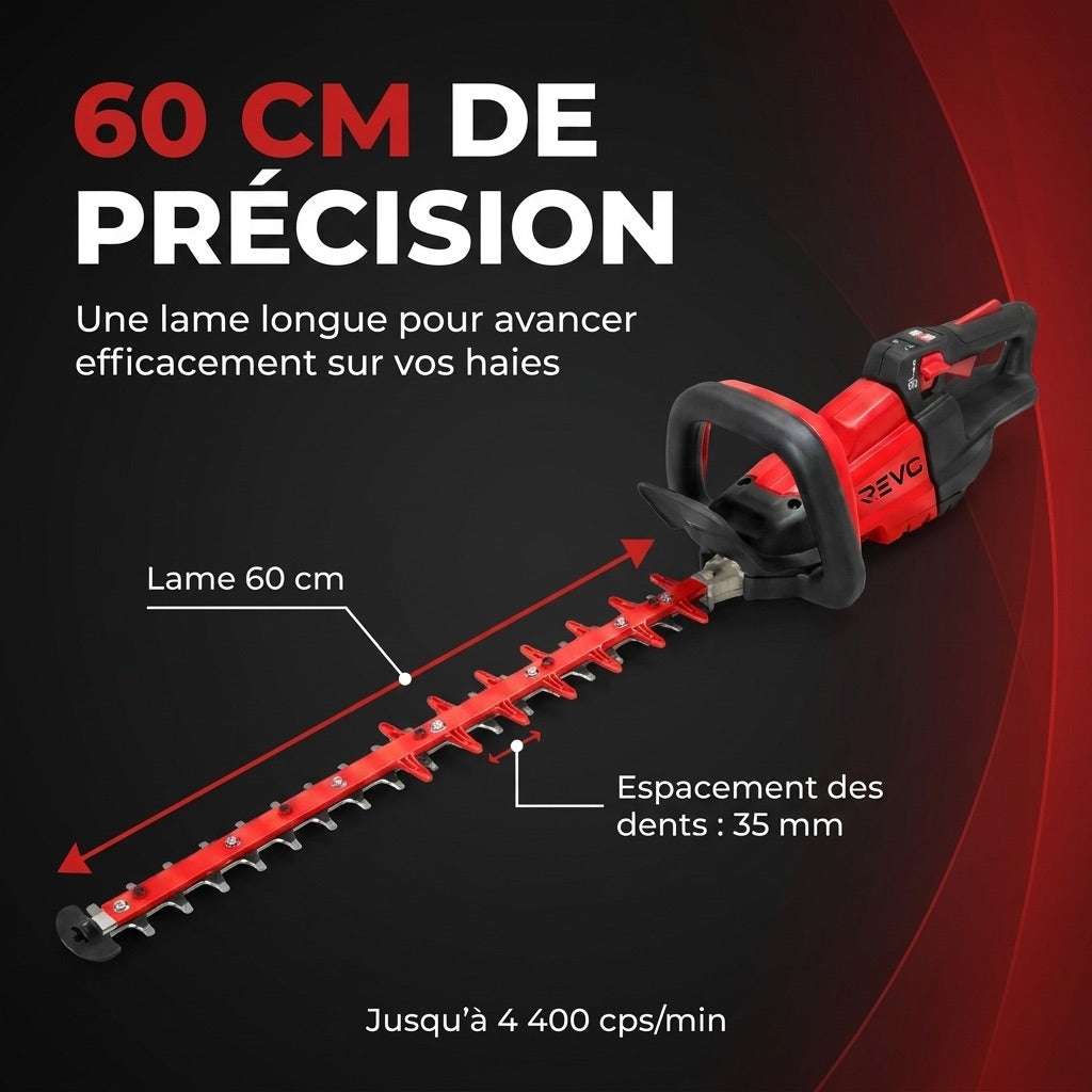 Taille-Haie Sans Fil REVO Stratos 60 – 18 V – Lame 60 cm – Moteur Sans Charbon – 4 400 cps/min – Espacement 35 mm