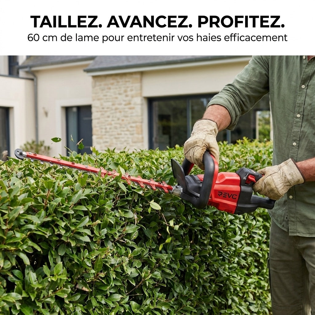 Taille-Haie Sans Fil REVO Stratos 60 – 18 V – Lame 60 cm – Moteur Sans Charbon – 4 400 cps/min – Espacement 35 mm