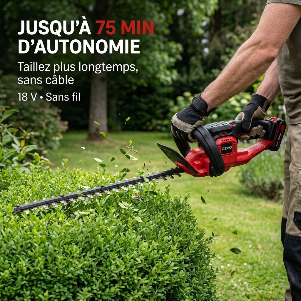 Taille-Haie Sans Fil REVO Silex 55 – 18 V – Lame 55 cm – Coupe jusqu’à 19 mm – Autonomie jusqu’à 75 min