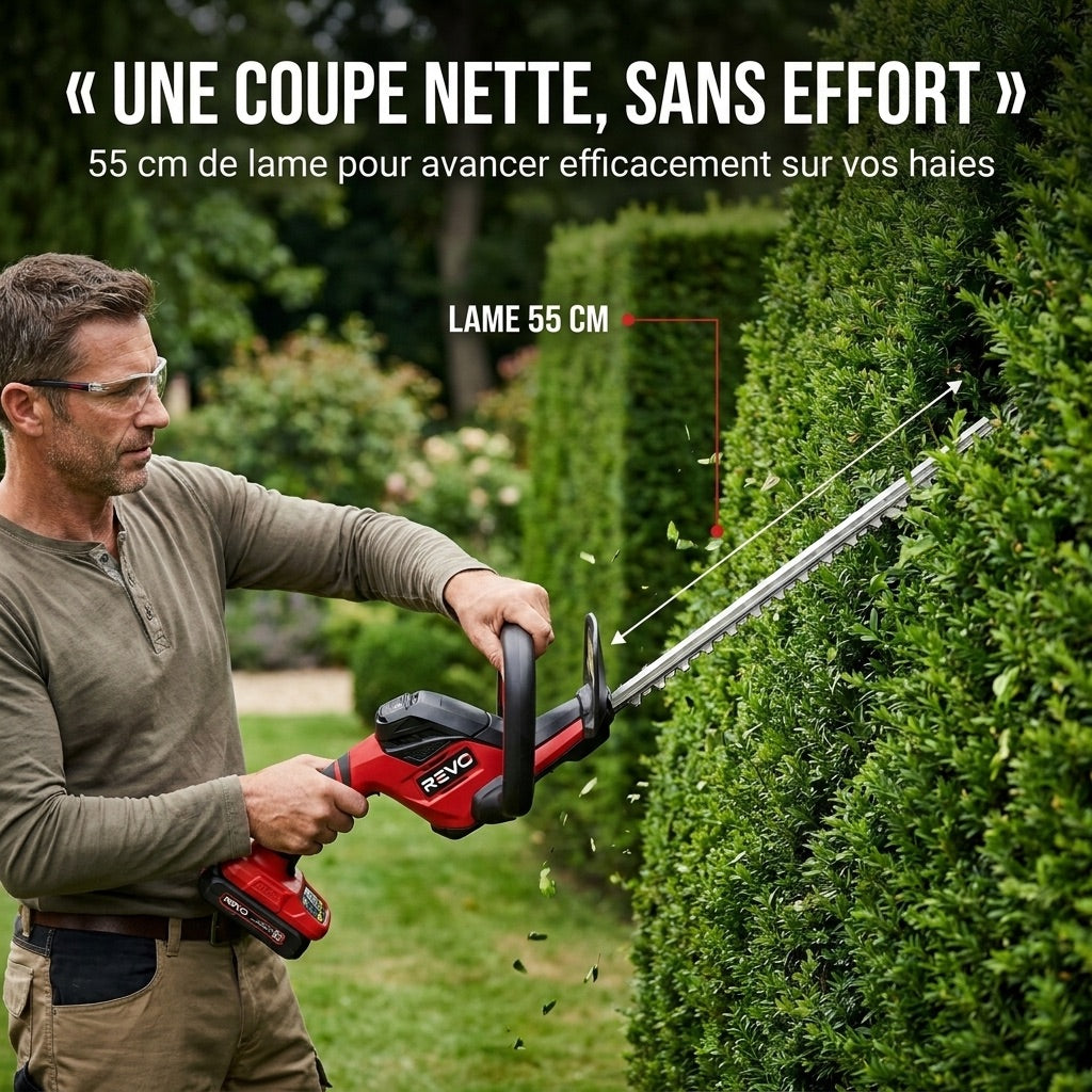 Taille-Haie Sans Fil REVO Ardent 55 – 18 V – Lame 55 cm – Écartement 24 mm – Batterie 2,0 Ah & Chargeur Inclus