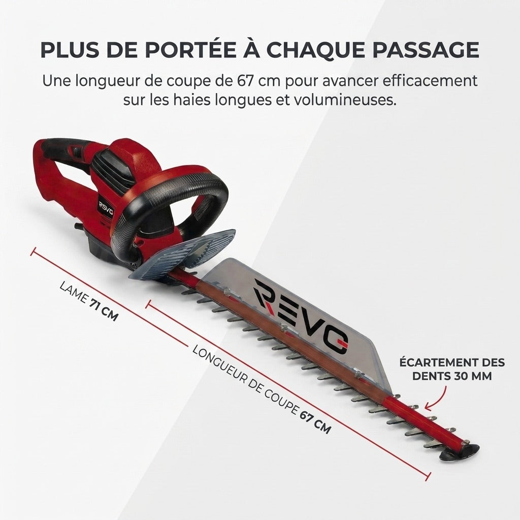Taille-Haie Électrique REVO Blade 67 – 700 W – Lame 71 cm – Coupe 67 cm – Écartement 30 mm – Poignée Pivotante