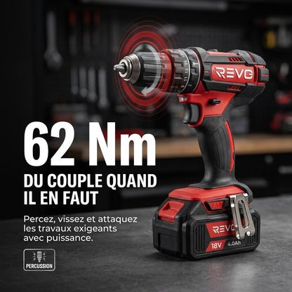 Perceuse à Percussion Sans Fil REVO Torq 62 – 18 V – 62 Nm – 3 Batteries 4,0 Ah – 2 Vitesses