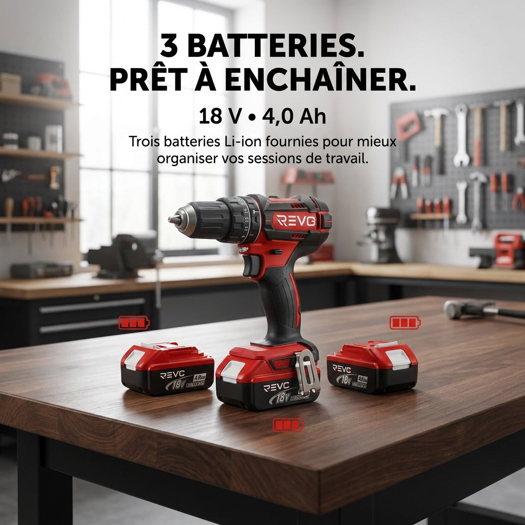 Perceuse à Percussion Sans Fil REVO Torq 62 – 18 V – 62 Nm – 3 Batteries 4,0 Ah – 2 Vitesses