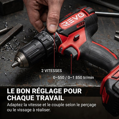 Perceuse à Percussion Sans Fil REVO Torq 62 – 18 V – 62 Nm – 3 Batteries 4,0 Ah – 2 Vitesses