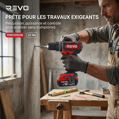 Perceuse à Percussion Sans Fil REVO Torq 62 – 18 V – 62 Nm – 3 Batteries 4,0 Ah – 2 Vitesses