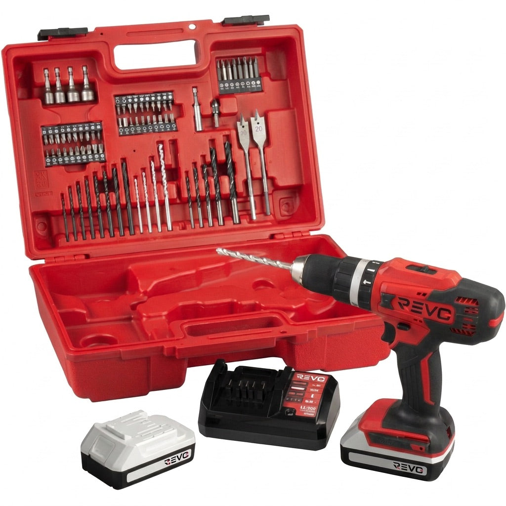Perceuse Visseuse à Percussion Sans Fil REVO Forge 42 – 18 V – 42 Nm – 2 Batteries 2 Ah – 74 Accessoires – Mandrin 13 mm