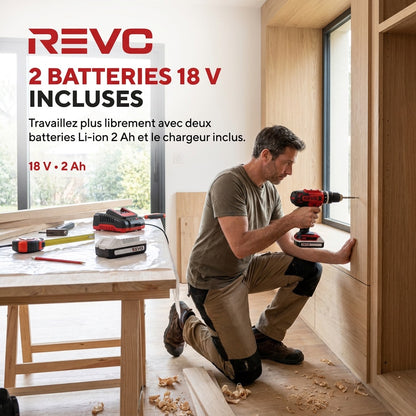 Perceuse Visseuse à Percussion Sans Fil REVO Forge 42 – 18 V – 42 Nm – 2 Batteries 2 Ah – 74 Accessoires – Mandrin 13 mm