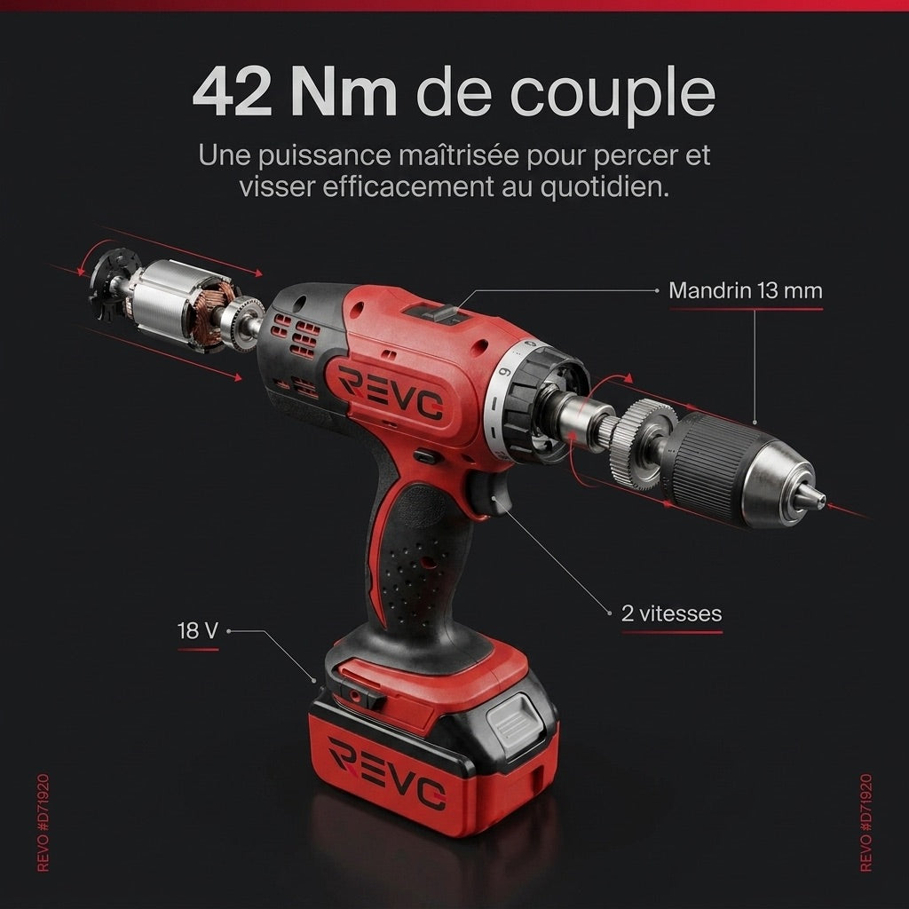Perceuse-Visseuse Sans Fil REVO Voltis 42 – 18 V – 42 Nm – 2 Batteries 3 Ah – 2 Vitesses – Mandrin 13 mm – Coffret Inclus