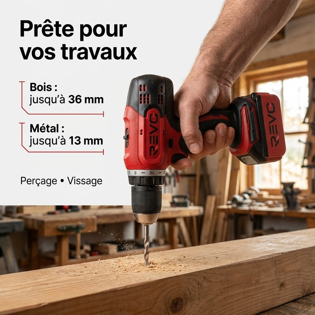 Perceuse-Visseuse Sans Fil REVO Voltis 42 – 18 V – 42 Nm – 2 Batteries 3 Ah – 2 Vitesses – Mandrin 13 mm – Coffret Inclus