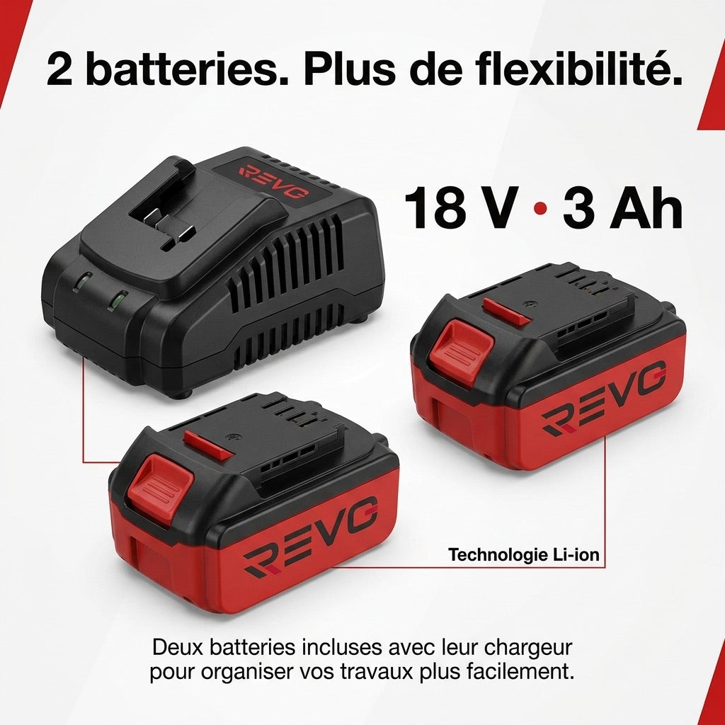 Perceuse-Visseuse Sans Fil REVO Voltis 42 – 18 V – 42 Nm – 2 Batteries 3 Ah – 2 Vitesses – Mandrin 13 mm – Coffret Inclus