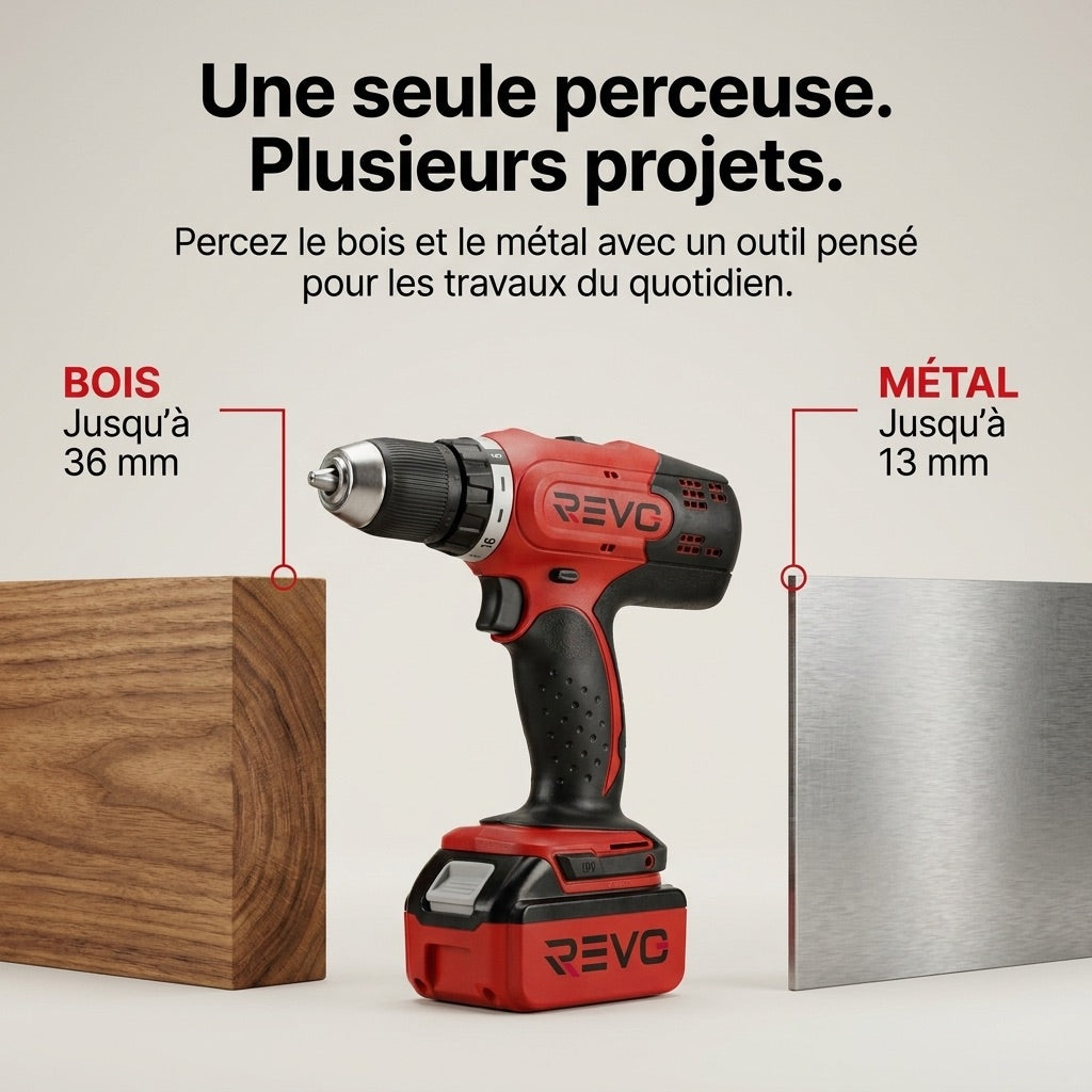 Perceuse-Visseuse Sans Fil REVO Voltis 42 – 18 V – 42 Nm – 2 Batteries 3 Ah – 2 Vitesses – Mandrin 13 mm – Coffret Inclus