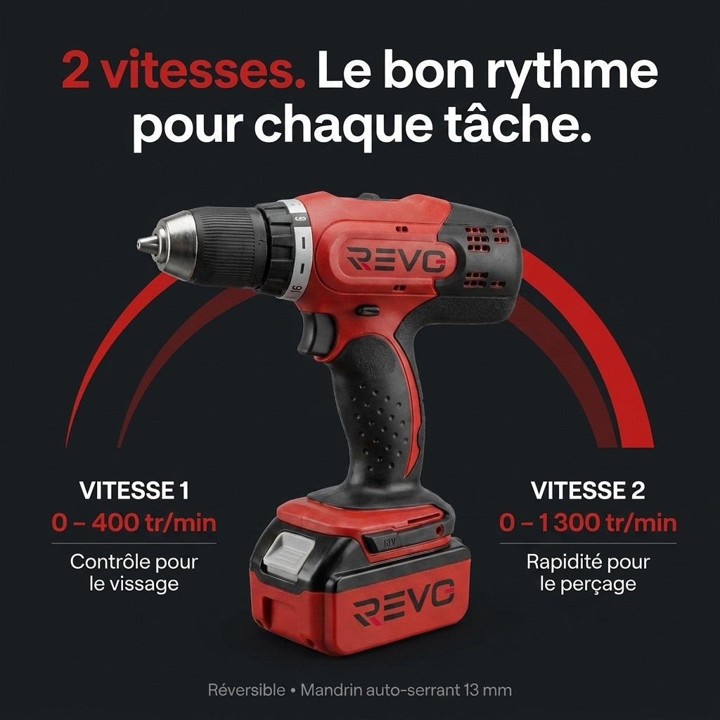 Perceuse-Visseuse Sans Fil REVO Voltis 42 – 18 V – 42 Nm – 2 Batteries 3 Ah – 2 Vitesses – Mandrin 13 mm – Coffret Inclus