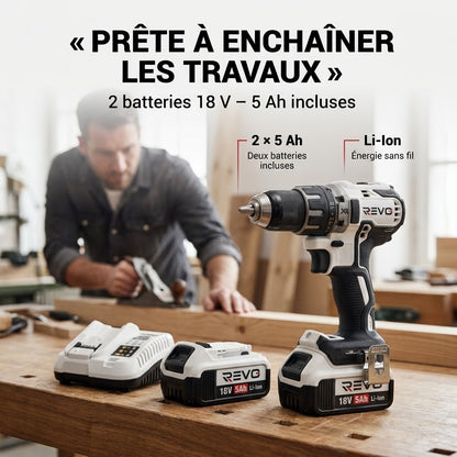 Perceuse-Visseuse Sans Fil REVO Striker 70 – 18 V – 70 Nm – 2 Batteries 5 Ah – Brushless – Mandrin 13 mm – Coffret Inclus